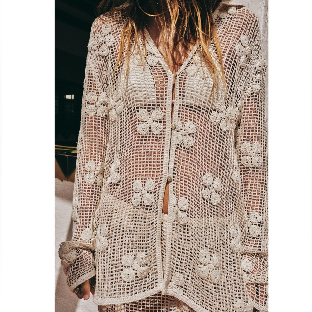 Zara Cream Crochet Open-Knit Buttoned Top and Pant Set - Picture 4 of 13